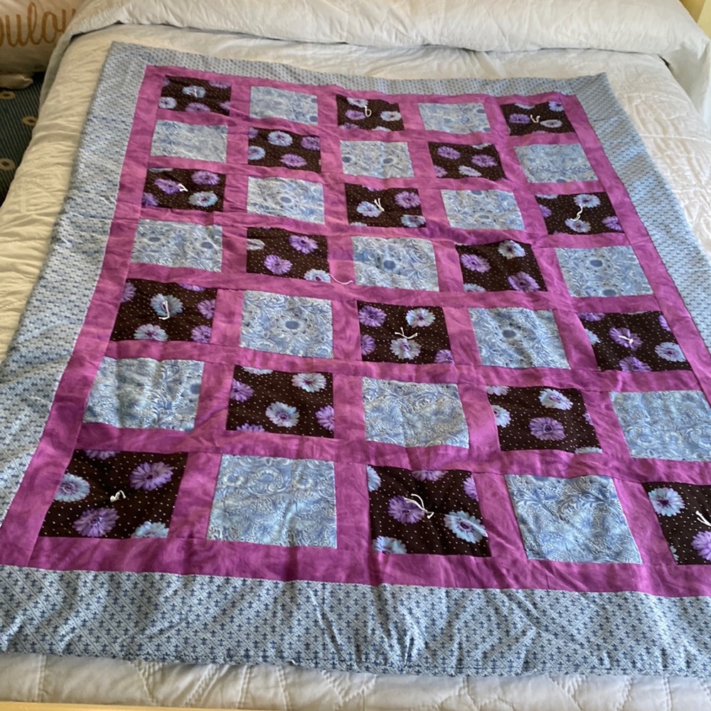 Purple Blue Patchwork Cotton Tie-Knot Lap Quilt